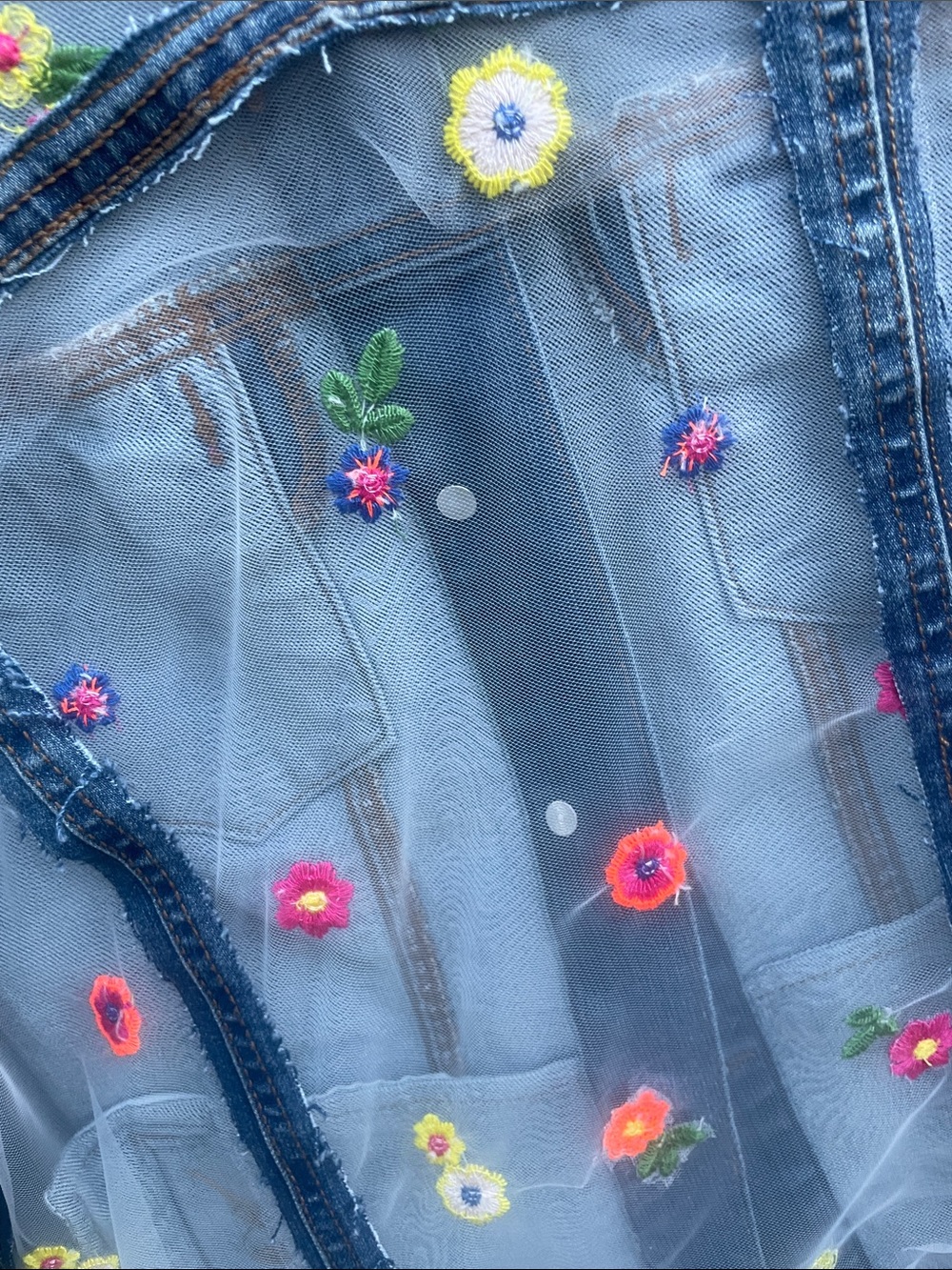Embroidered Floral upcycle Mesh Back Denim Jacket - Blue Ptp 18 1/2 - Picture 4 of 4